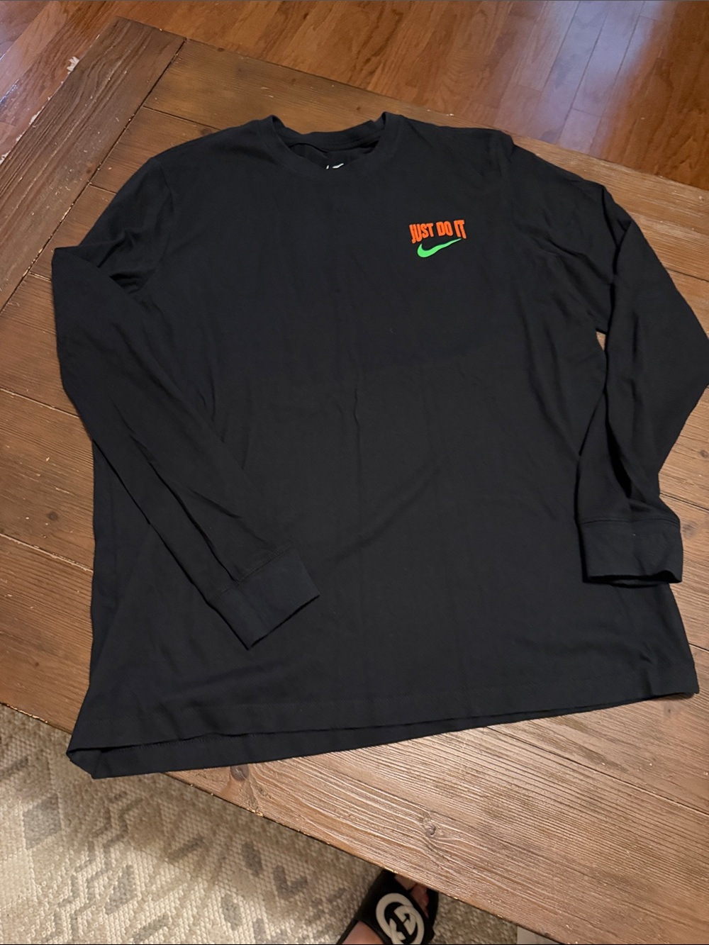 Nike Black Long Sleeve Tee with Orange 'Just Do It' and Neon Green Swoosh